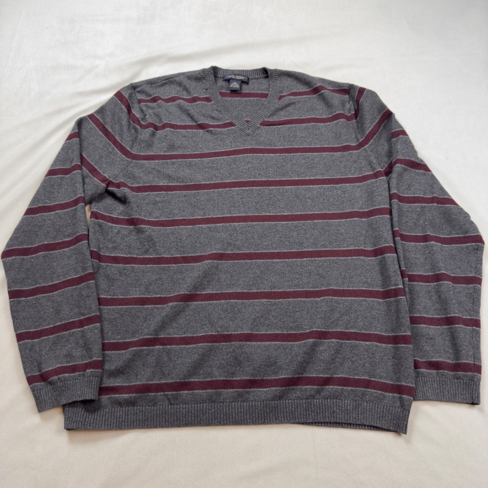 Banana Republic Mens L Cotton Cashmere V-Neck‎ Striped Sweater Grey Burgundy